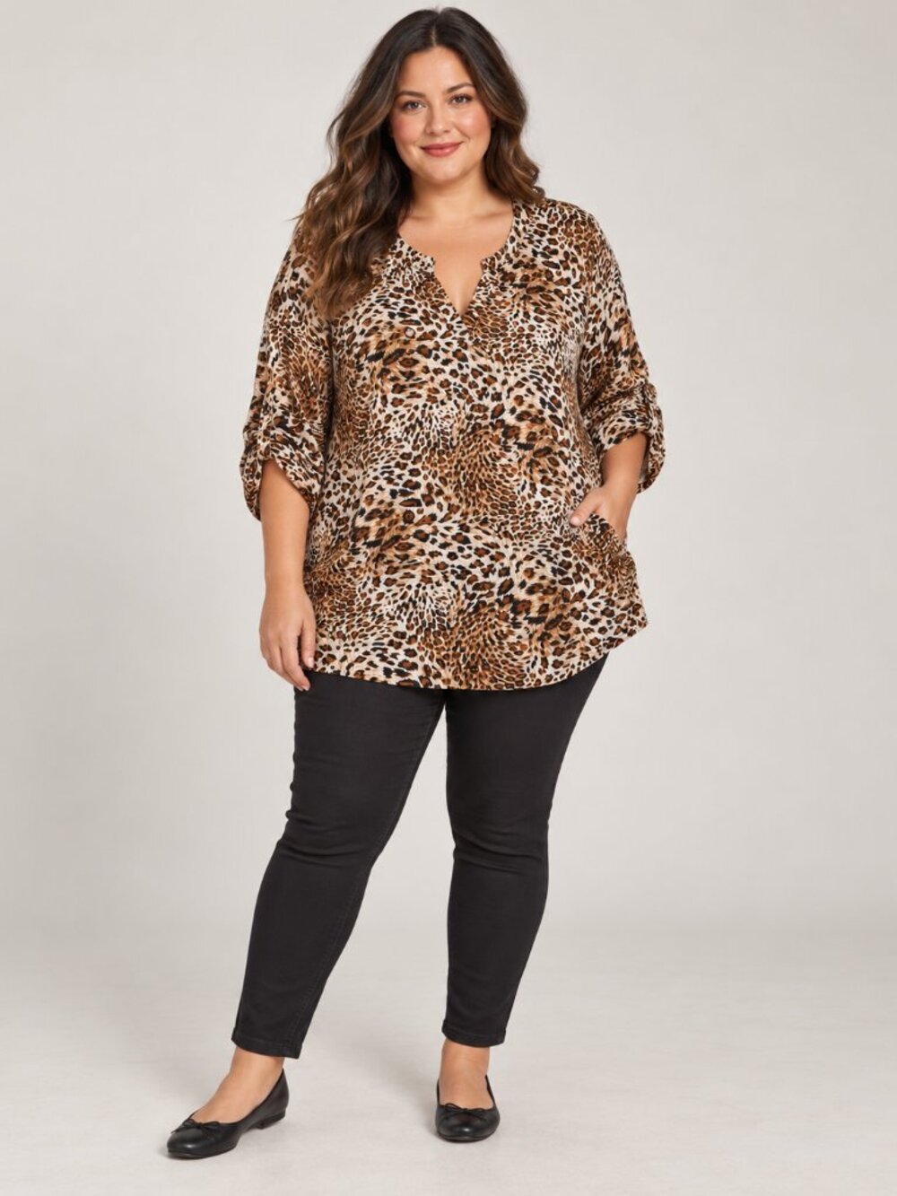 Women's Leopard Print Tunic Blouse Brown Black Animal Print V Neck 3X